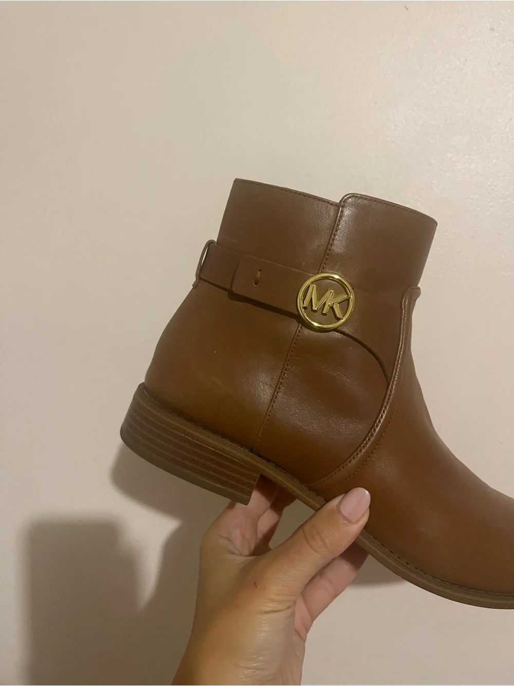 Michael Kors Cognac Leather Ankle Boot with Gold MK Accent